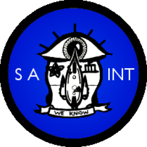 "SAINT's emblem is consists of a black-bordered blue disc with a large eye in the center. The eye is 'crying' the teardrop-shaped Yui-Class Scout, which is flanked by the Imperial Kikyo (bellfower) and the kanji for 'blood.' A banner below these has the SAINT motto, 'We Know.''