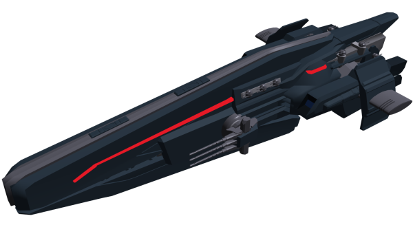 Image of the ship form a flattering angle. It is long and black with a red stripe.